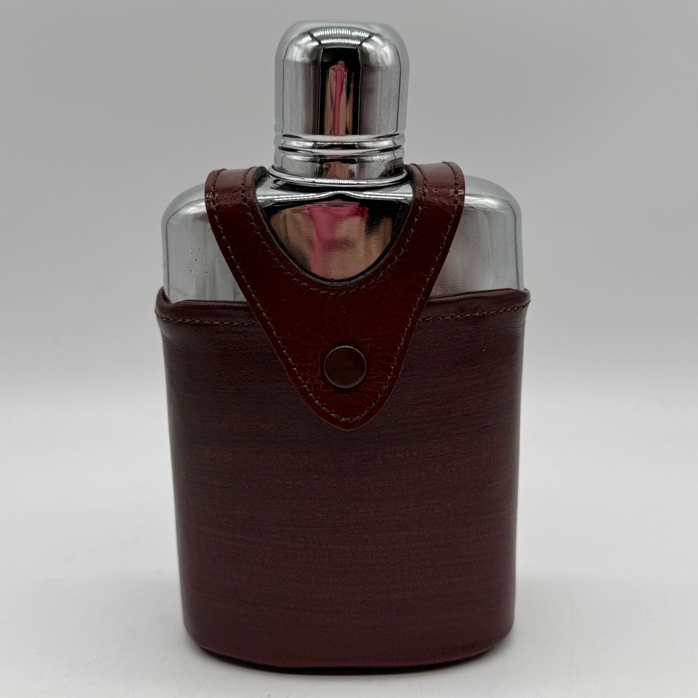 Vintage Bosca Leather Glass Hip Flask Set Nested Metal Shot Cup Barware Luxury